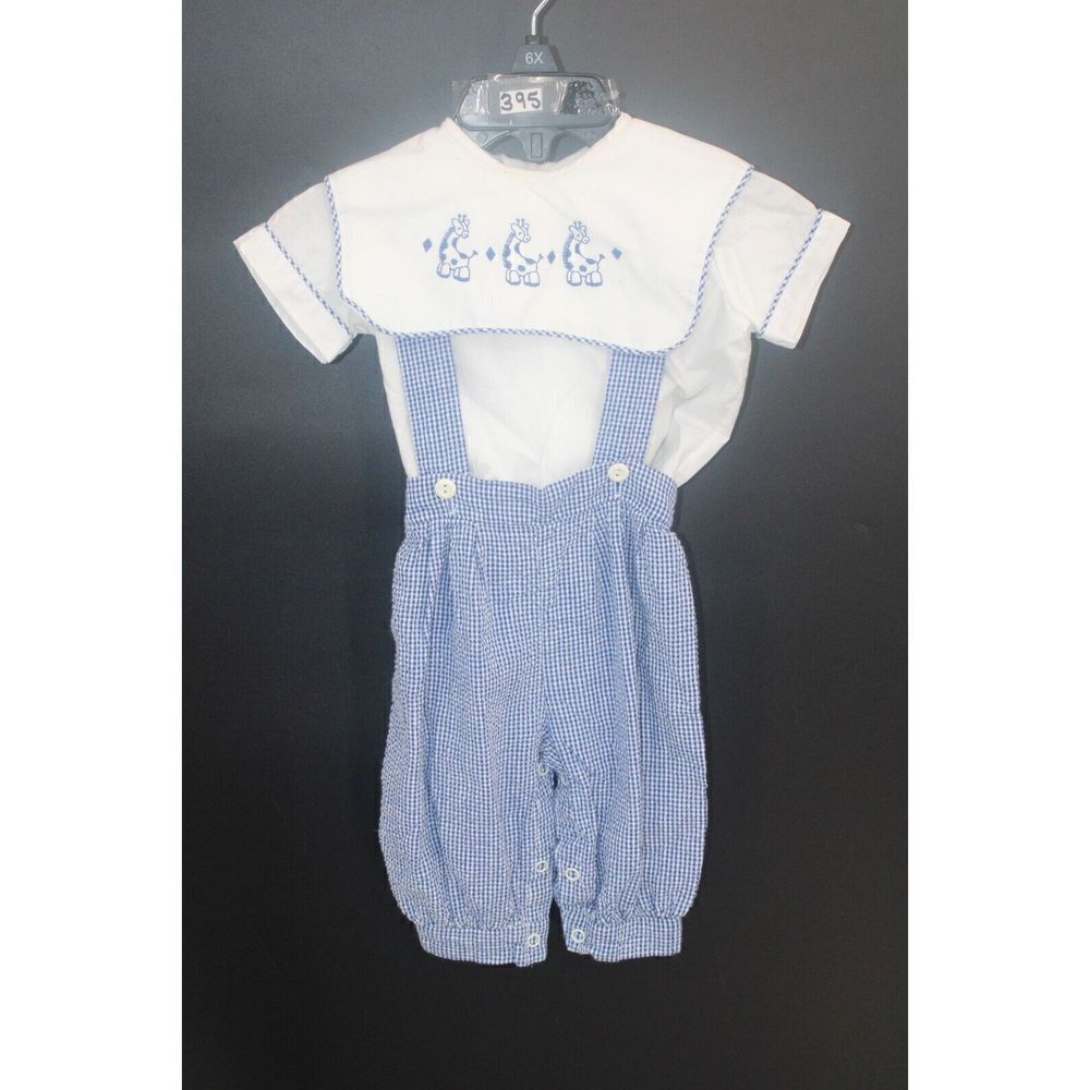 TODDLE TYKE VINTAGE BABY OUTFIT GIRAFFE EMBROIDERED GINGHAM SEERSUCKER 2PC